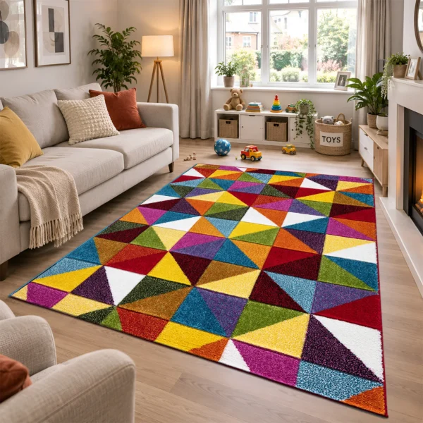 Multi Geometric Triangle multicolour geometric rug 160 x 230 cm, medium pile with jute backing, in a living room