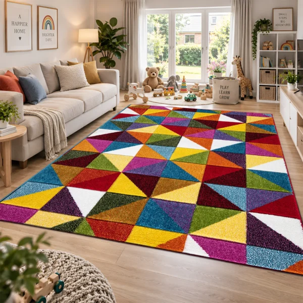 Multi Colour Rug Geometric Triangle 200 x 290 cm Multi Geometric Triangle multicolour geometric rug 200 x 290 cm, medium pile with jute backing, in a living room