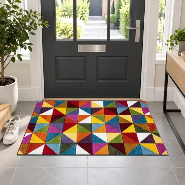 Multi Colour Rug Geometric Triangle 60 x 110 cm Multi Geometric Triangle multicolour geometric rug 60 x 110 cm, medium pile with jute backing, in a living room