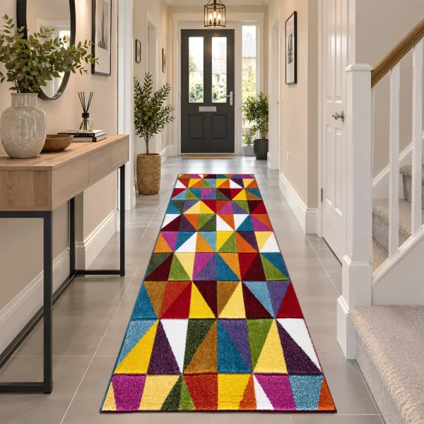 Multi Colour Rug Geometric Triangle 60 x 220 cm Multi Geometric Triangle multicolour geometric rug 60 x 220 cm, medium pile with jute backing, in a living room