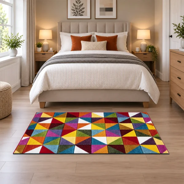 Multi Colour Rug Geometric Triangle 80 x 150 cm Multi Geometric Triangle multicolour geometric rug 80 x 150 cm, medium pile with jute backing, in a living room