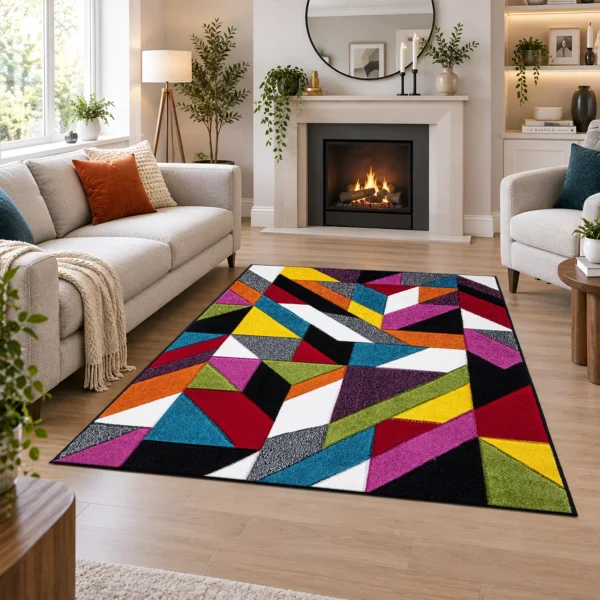 Multi Groove multicolour geometric rug 120 x 170 cm, medium pile with jute backing, in a living room