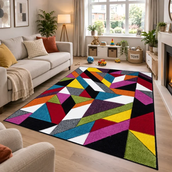 Multi Groove multicolour geometric rug 160 x 230 cm, medium pile with jute backing, in a living room