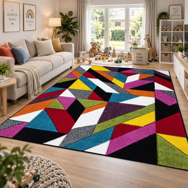 Multi Colour Rug Groove 200 x 290 cm Multi Groove multicolour geometric rug 200 x 290 cm, medium pile with jute backing, in a living room