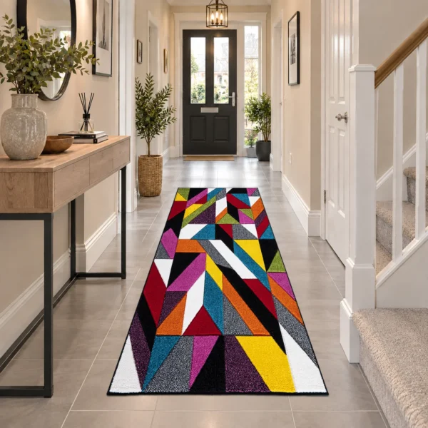 Multi Groove multicolour geometric rug 60 x 220 cm, medium pile with jute backing, in a living room