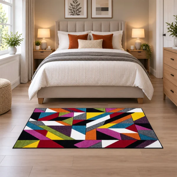 Multi Colour Rug Groove 80 x 150 cm Multi Groove multicolour geometric rug 80 x 150 cm, medium pile with jute backing, in a living room