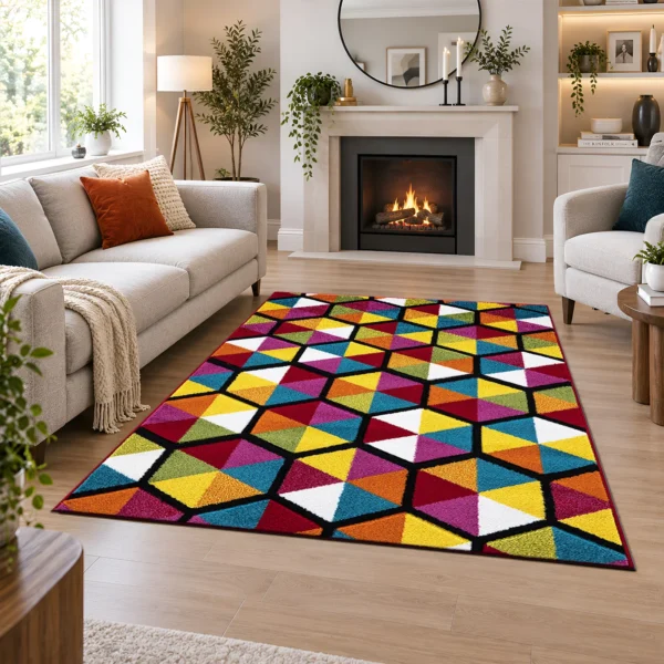 Multi Hexagon multicolour geometric rug 120 x 170 cm, medium pile with jute backing, in a living room