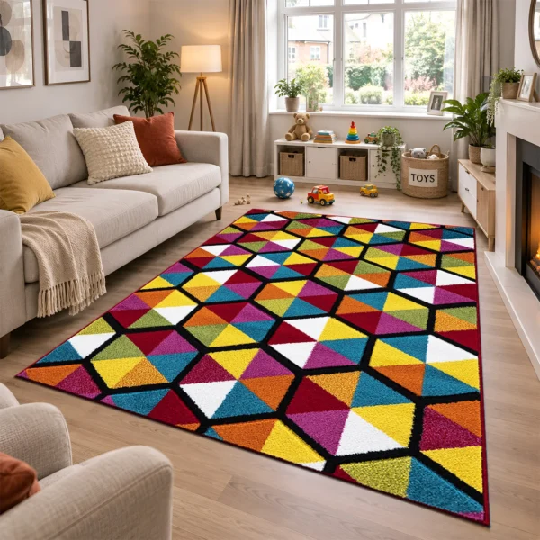 Multi Hexagon multicolour geometric rug 160 x 230 cm, medium pile with jute backing, in a living room