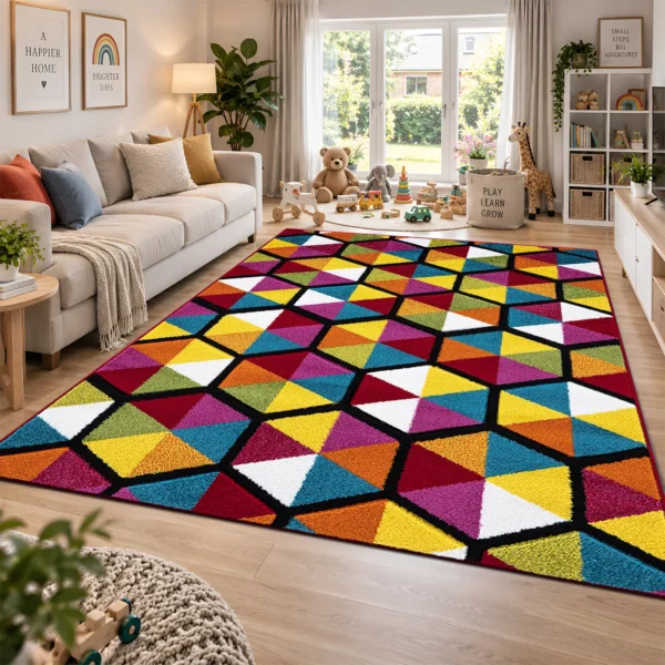Multi Colour Rug Hexagon 200 x 290 cm Multi Hexagon multicolour geometric rug 200 x 290 cm, medium pile with jute backing, in a living room