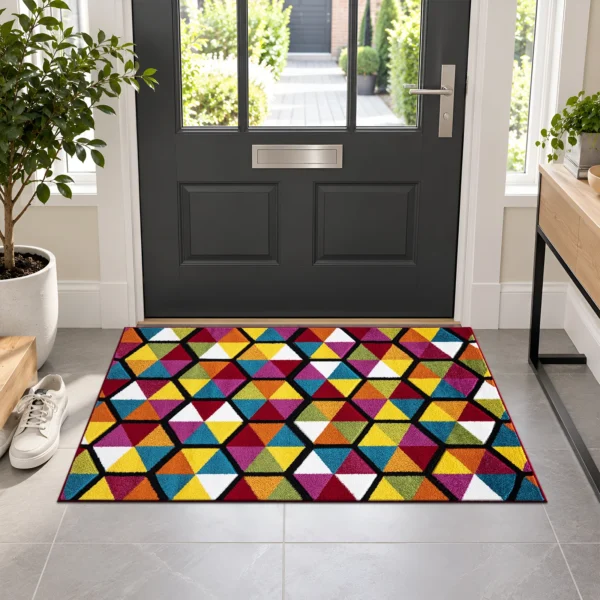 Multi Colour Rug Hexagon 60 x 110 cm Multi Hexagon multicolour geometric rug 60 x 110 cm, medium pile with jute backing, in a living room