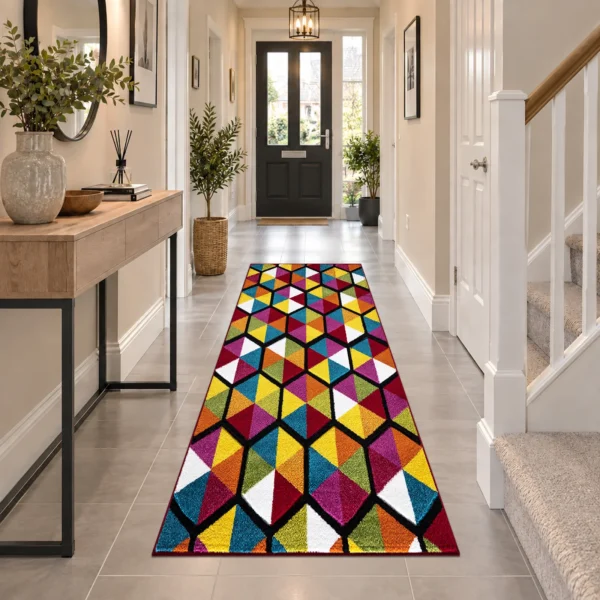 Multi Hexagon multicolour geometric rug 60 x 220 cm, medium pile with jute backing, in a living room