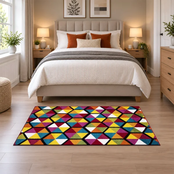 Multi Colour Rug Hexagon 80 x 150 cm Multi Hexagon multicolour geometric rug 80 x 150 cm, medium pile with jute backing, in a living room