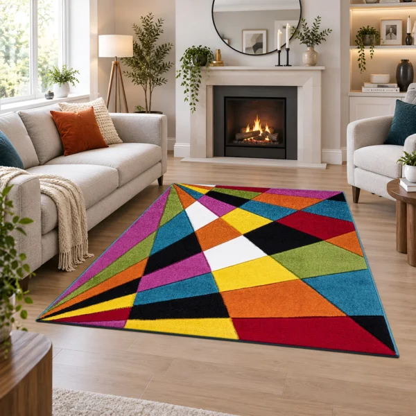 Multi Jazz multicolour geometric rug 120 x 170 cm, medium pile with jute backing, in a living room