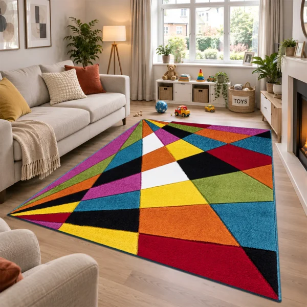 Multi Jazz multicolour geometric rug 160 x 230 cm, medium pile with jute backing, in a living room