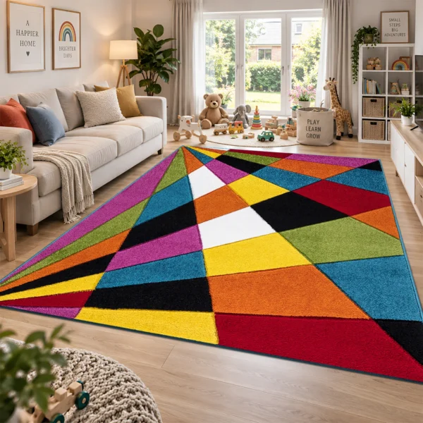 Multi Colour Rug Jazz 200 x 290 cm Multi Jazz multicolour geometric rug 200 x 290 cm, medium pile with jute backing, in a living room