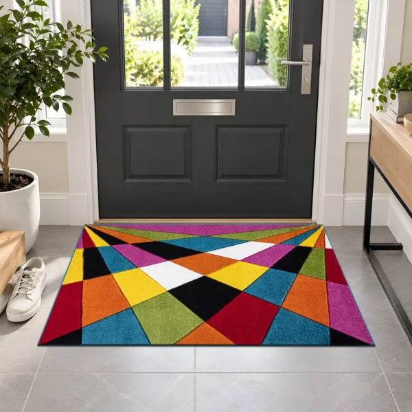 Multi Colour Rug Jazz 60 x 110 cm Multi Jazz multicolour geometric rug 60 x 110 cm, medium pile with jute backing, in a living room