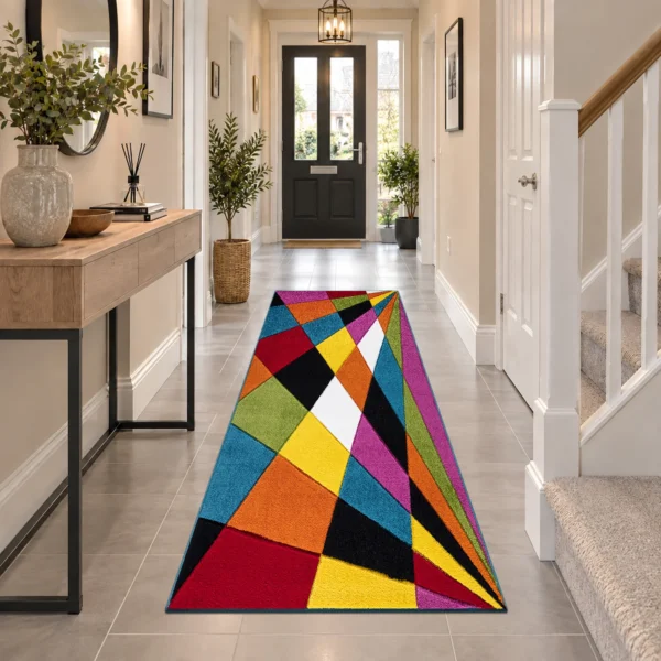 Multi Jazz multicolour geometric rug 60 x 220 cm, medium pile with jute backing, in a living room
