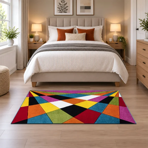 Multi Jazz multicolour geometric rug 80 x 150 cm, medium pile with jute backing, in a living room