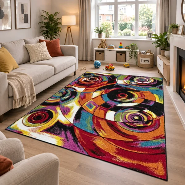 Multi Moonlight multicolour geometric rug 160 x 230 cm, medium pile with jute backing, in a living room