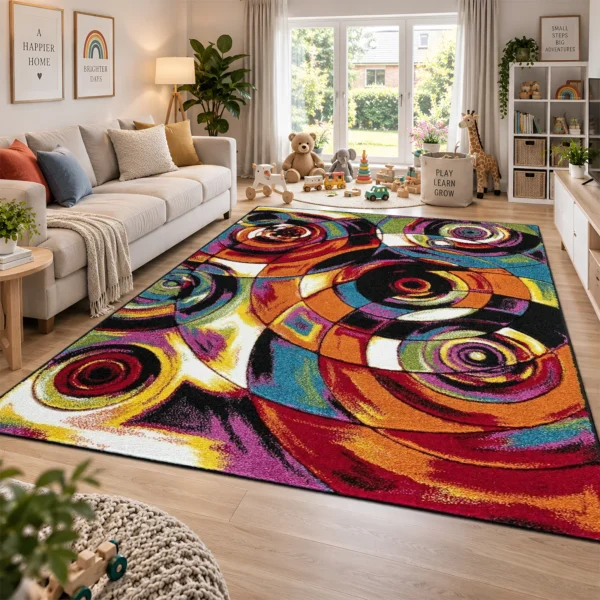 Multi Moonlight multicolour geometric rug 200 x 290 cm, medium pile with jute backing, in a living room