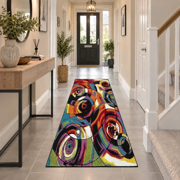 Multi Moonlight multicolour geometric rug 60 x 220 cm, medium pile with jute backing, in a living room