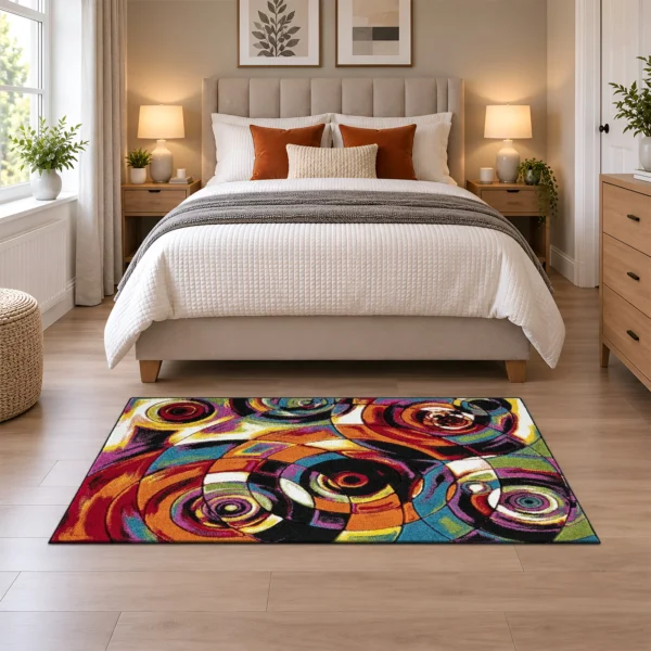 Multi Moonlight multicolour geometric rug 80 x 150 cm, medium pile with jute backing, in a living room