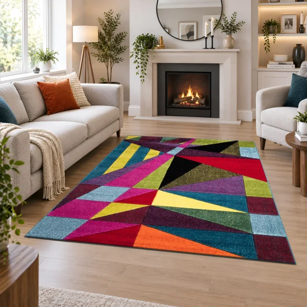 Multi Colour Rug Polygon 120 x 170 cm Multi Polygon multicolour geometric rug 120 x 170 cm, medium pile with jute backing, in a living room