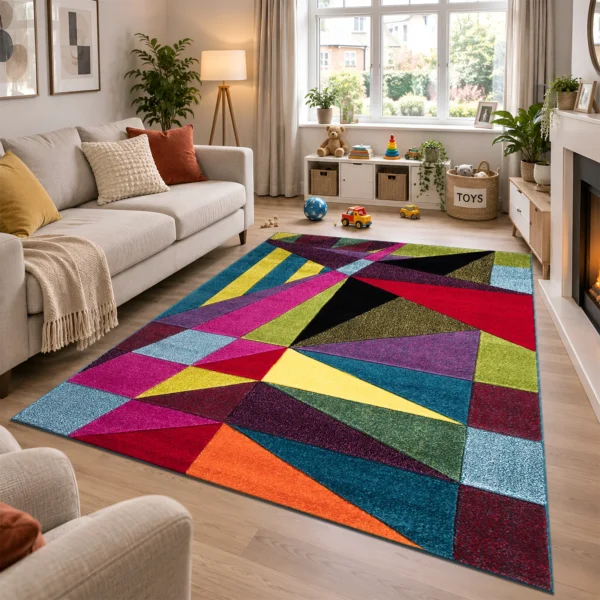 Multi Colour Rug Polygon 160 x 230 cm Multi Polygon multicolour geometric rug 160 x 230 cm, medium pile with jute backing, in a living room