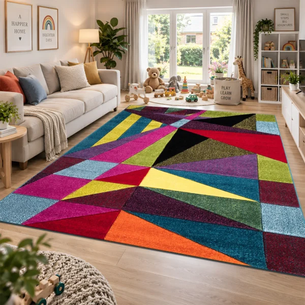 Multi Polygon multicolour geometric rug 200 x 290 cm, medium pile with jute backing, in a living room