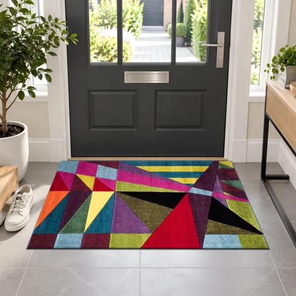 Multi Colour Rug Polygon 60 x 110 cm Multi Polygon multicolour geometric rug 60 x 110 cm, medium pile with jute backing, in a living room