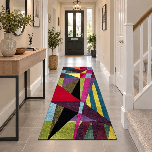 Multi Colour Rug Polygon 60 x 220 cm Multi Polygon multicolour geometric rug 60 x 220 cm, medium pile with jute backing, in a living room