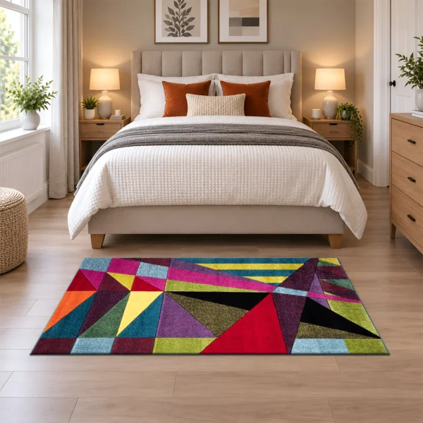 Multi Colour Rug Polygon 80 x 150 cm Multi Polygon multicolour geometric rug 80 x 150 cm, medium pile with jute backing, in a living room