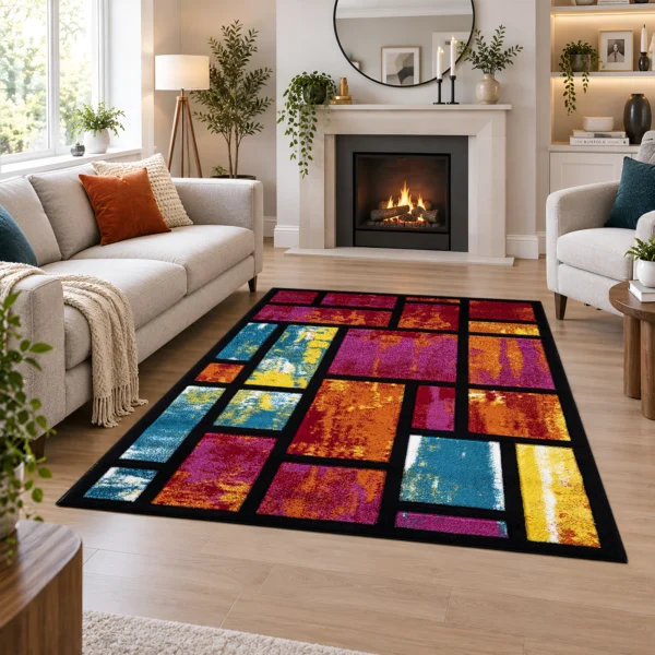 Multi Rectangles multicolour geometric rug 120 x 170 cm, medium pile with jute backing, in a living room