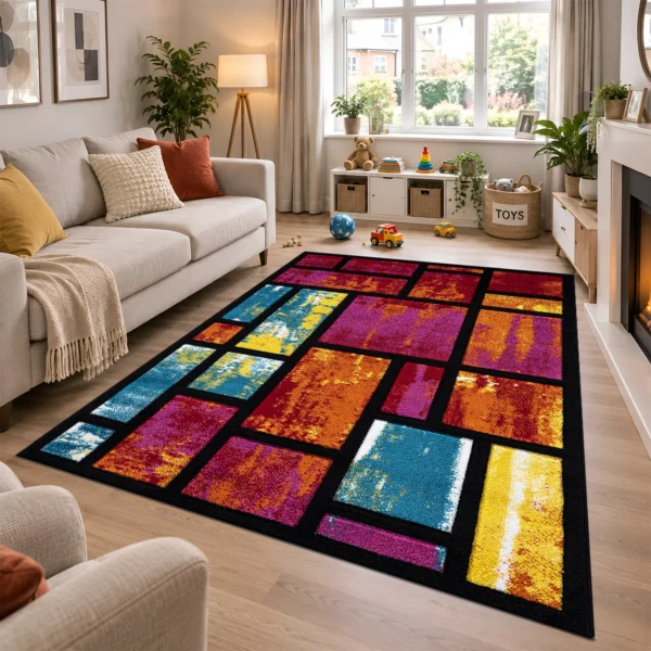 Multi Rectangles multicolour geometric rug 160 x 230 cm, medium pile with jute backing, in a living room