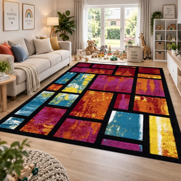 Multi Rectangles multicolour geometric rug 200 x 290 cm, medium pile with jute backing, in a living room