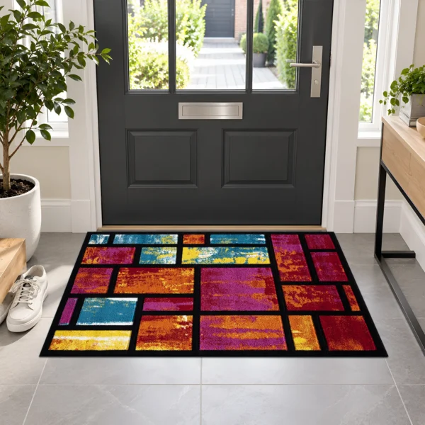 Multi Rectangles multicolour geometric rug 60 x 110 cm, medium pile with jute backing, in a living room