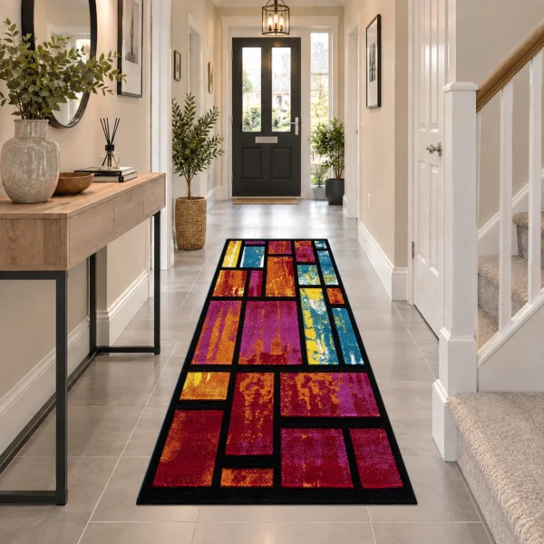 Multi Rectangles multicolour geometric rug 60 x 220 cm, medium pile with jute backing, in a living room