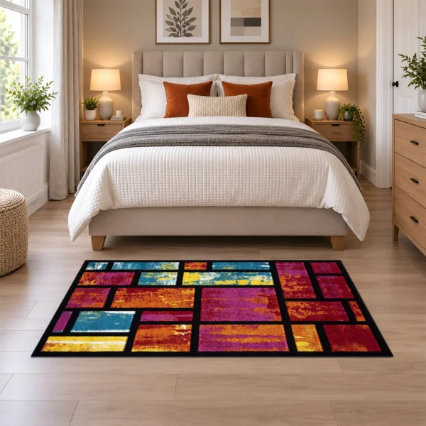 Multi Rectangles multicolour geometric rug 80 x 150 cm, medium pile with jute backing, in a living room