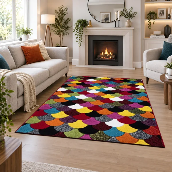 Multi Colour Rug Scales 120 x 170 cm Multi Scales multicolour geometric rug 120 x 170 cm, medium pile with jute backing, in a living room
