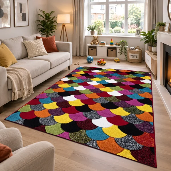 Multi Scales multicolour geometric rug 160 x 230 cm, medium pile with jute backing, in a living room