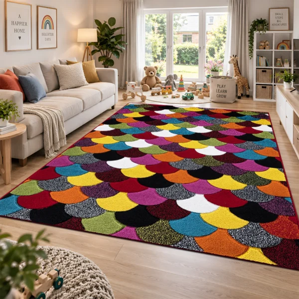 Multi Scales multicolour geometric rug 200 x 290 cm, medium pile with jute backing, in a living room