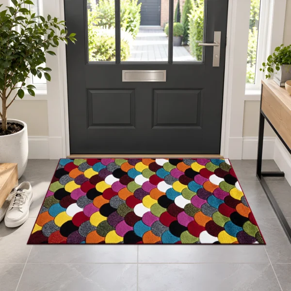 Multi Scales multicolour geometric rug 60 x 110 cm, medium pile with jute backing, in a living room