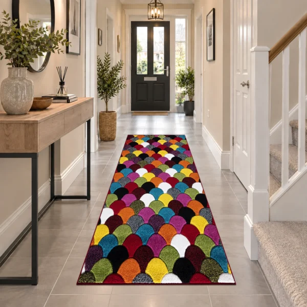 Multi Scales multicolour geometric rug 60 x 220 cm, medium pile with jute backing, in a living room