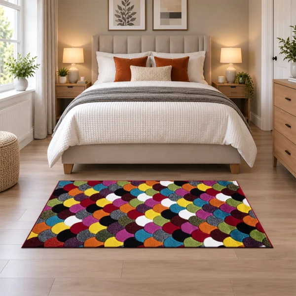 Multi Scales multicolour geometric rug 80 x 150 cm, medium pile with jute backing, in a living room