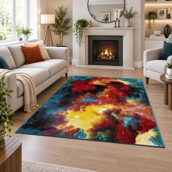 Multi Colour Rug Splash 120 x 170 cm Multi Splash multicolour geometric rug 120 x 170 cm, medium pile with jute backing, in a living room
