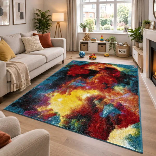 Multi Colour Rug Splash 160 x 230 cm Multi Splash multicolour geometric rug 160 x 230 cm, medium pile with jute backing, in a living room