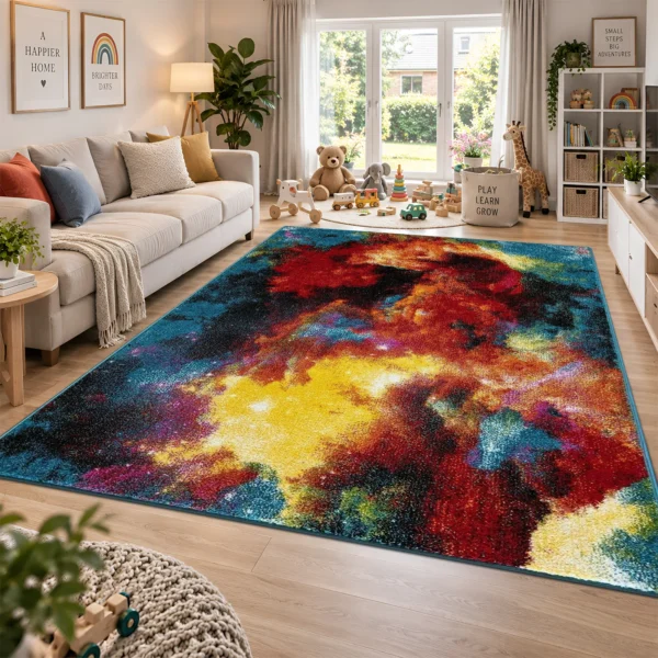 Multi Splash multicolour geometric rug 200 x 290 cm, medium pile with jute backing, in a living room