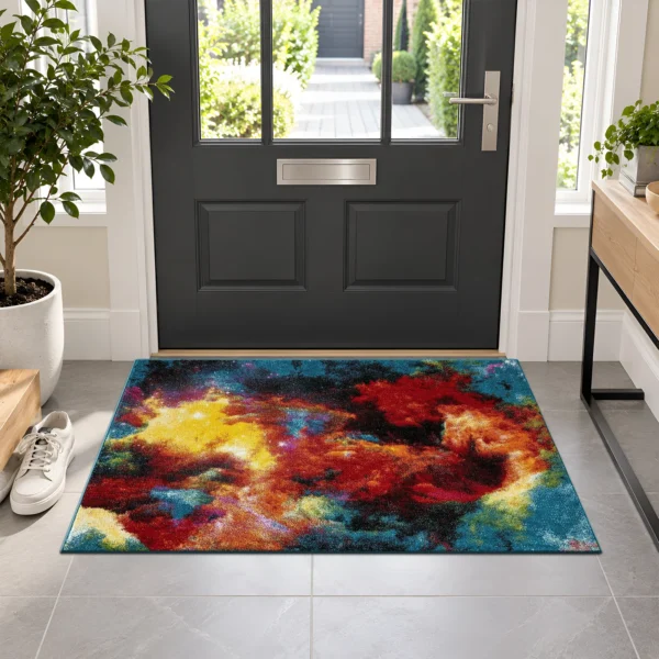 Multi Splash multicolour geometric rug 60 x 110 cm, medium pile with jute backing, in a living room