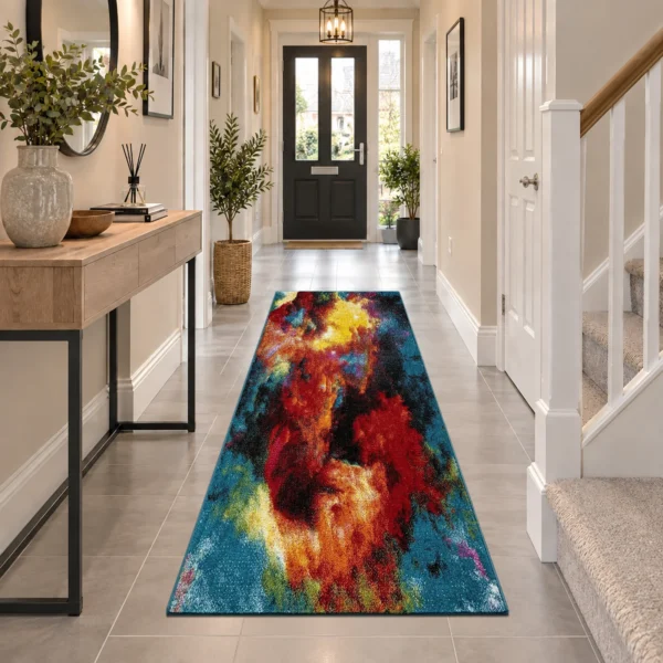 Multi Splash multicolour geometric rug 60 x 220 cm, medium pile with jute backing, in a living room