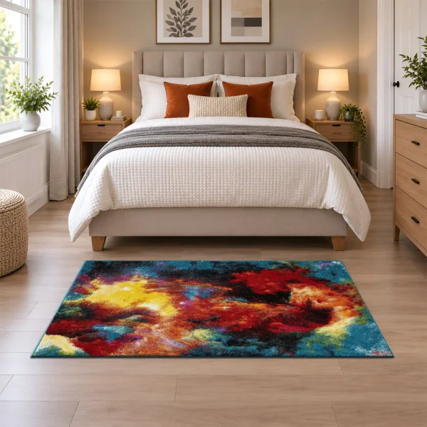 Multi Colour Rug Splash 80 x 150 cm Multi Splash multicolour geometric rug 80 x 150 cm, medium pile with jute backing, in a living room